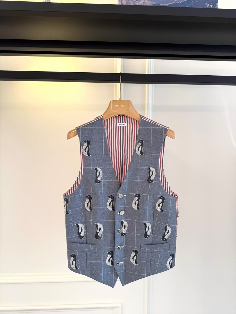 Thom Browne Gray Windowpane Penguin Motif Button Vest